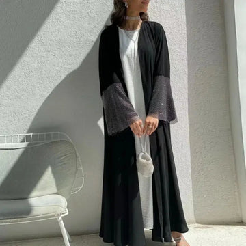 Muslim Luxury Black Abaya with Rhinestone Mesh Sleeves – Elegant Modest Maxi