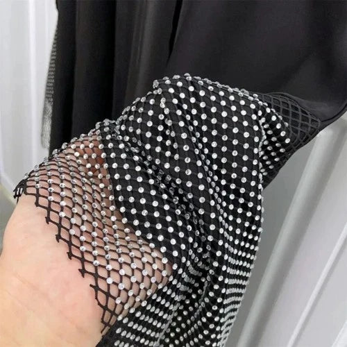 Muslim Luxury Black Abaya with Rhinestone Mesh Sleeves – Elegant Modest Maxi
