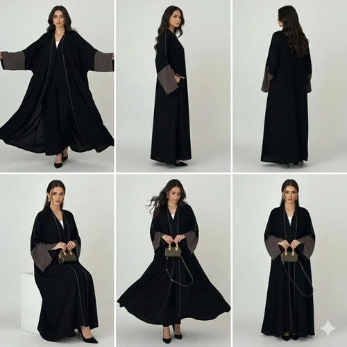 Muslim Luxury Black Open Front Abaya - Grey Full Bell Sleeve Modern Dubai Style.